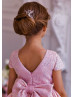 Cap Sleeves Pink Sequin Tulle V Back Flower Girl Dress